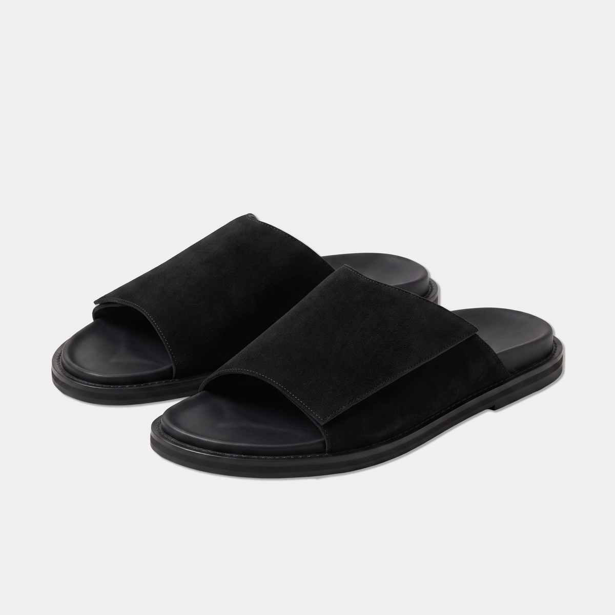 Suede Black Wide Strap Slide Sandals