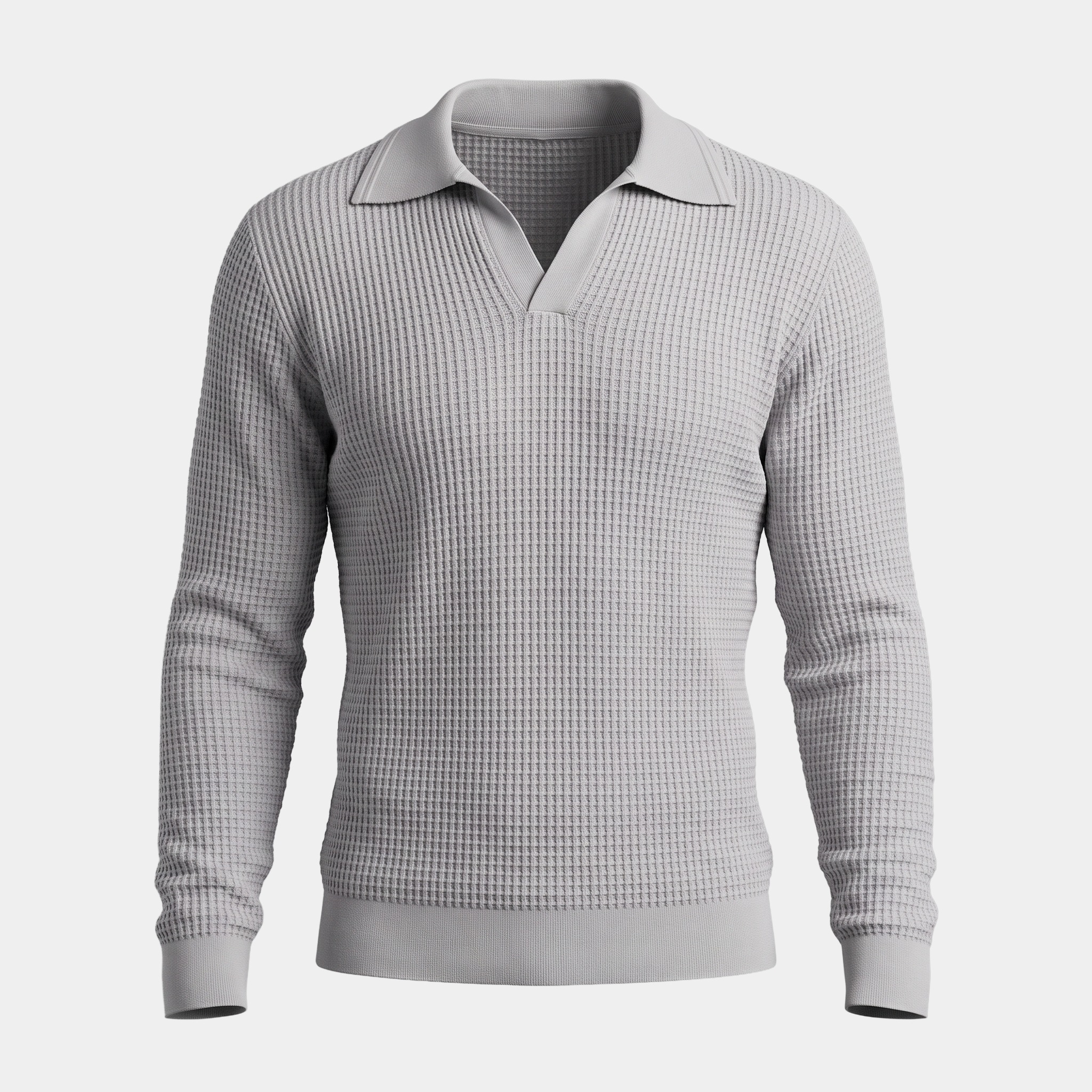 Waffle Knit Light Grey Polo Sweater