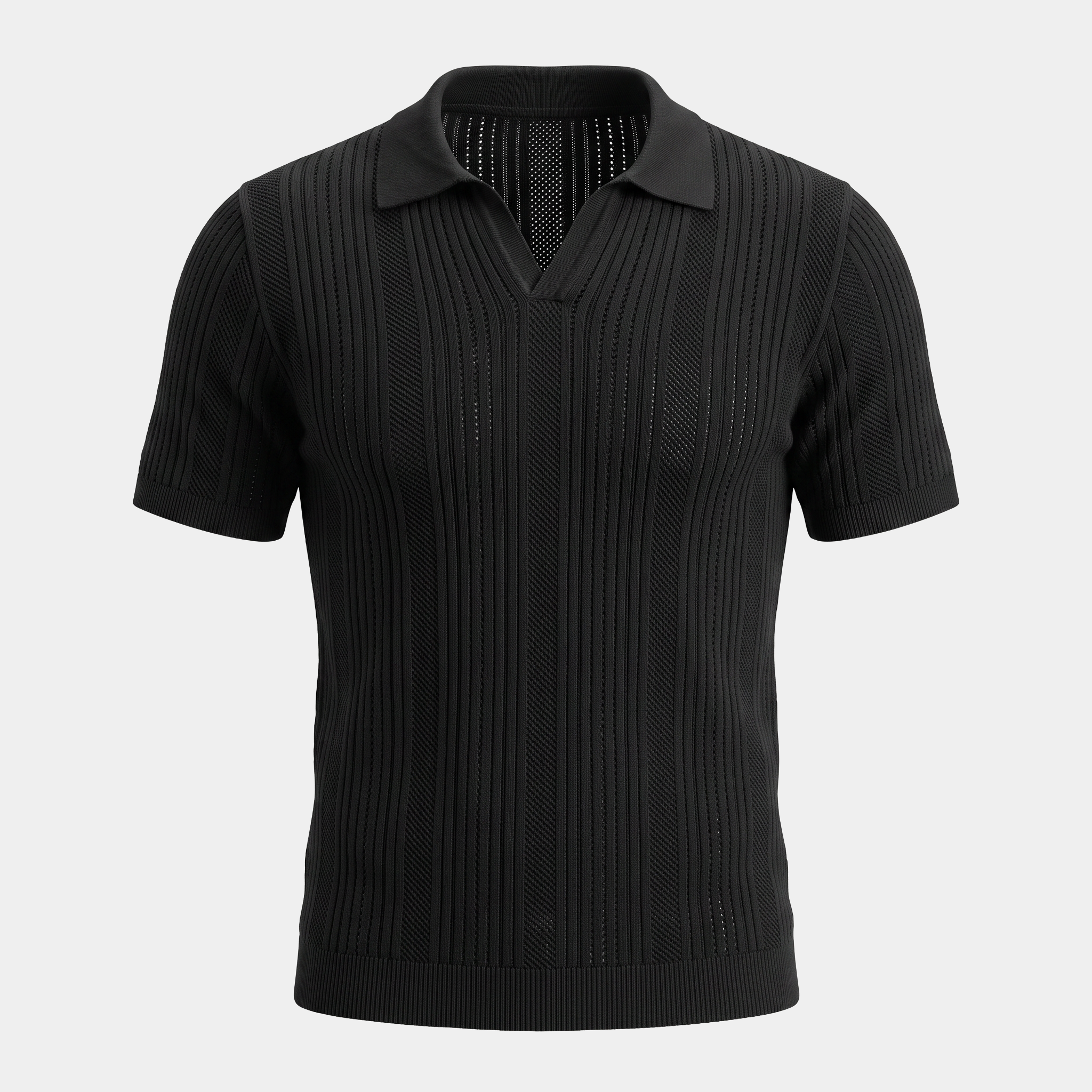 Pointelle Knit Black Polo Shirt