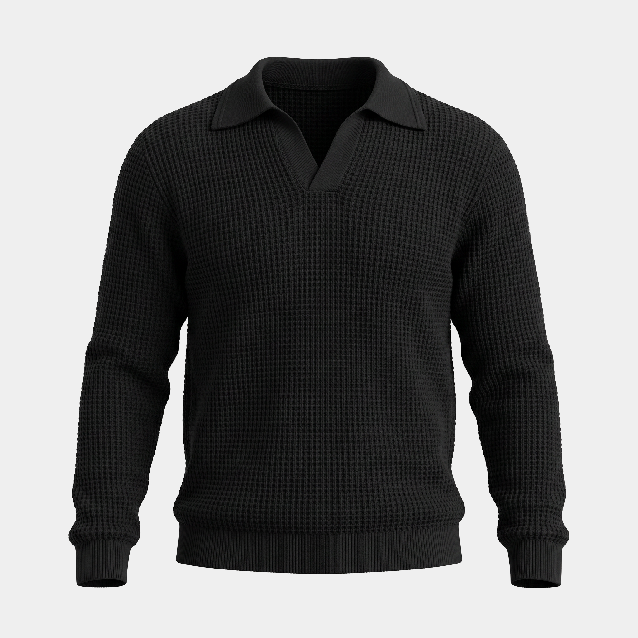 Waffle Knit Black Polo Sweater