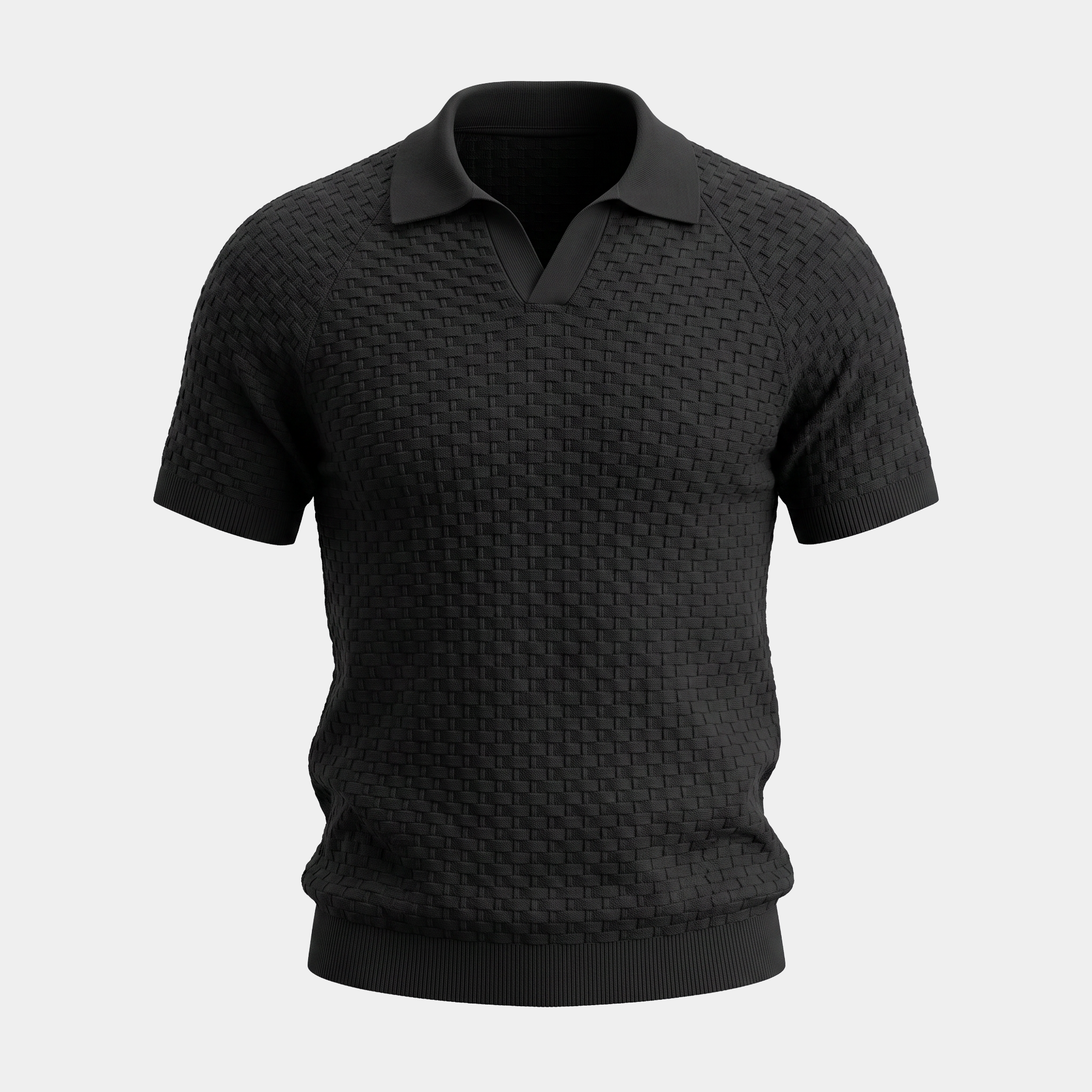 Basketweave Knit Black Polo Shirt