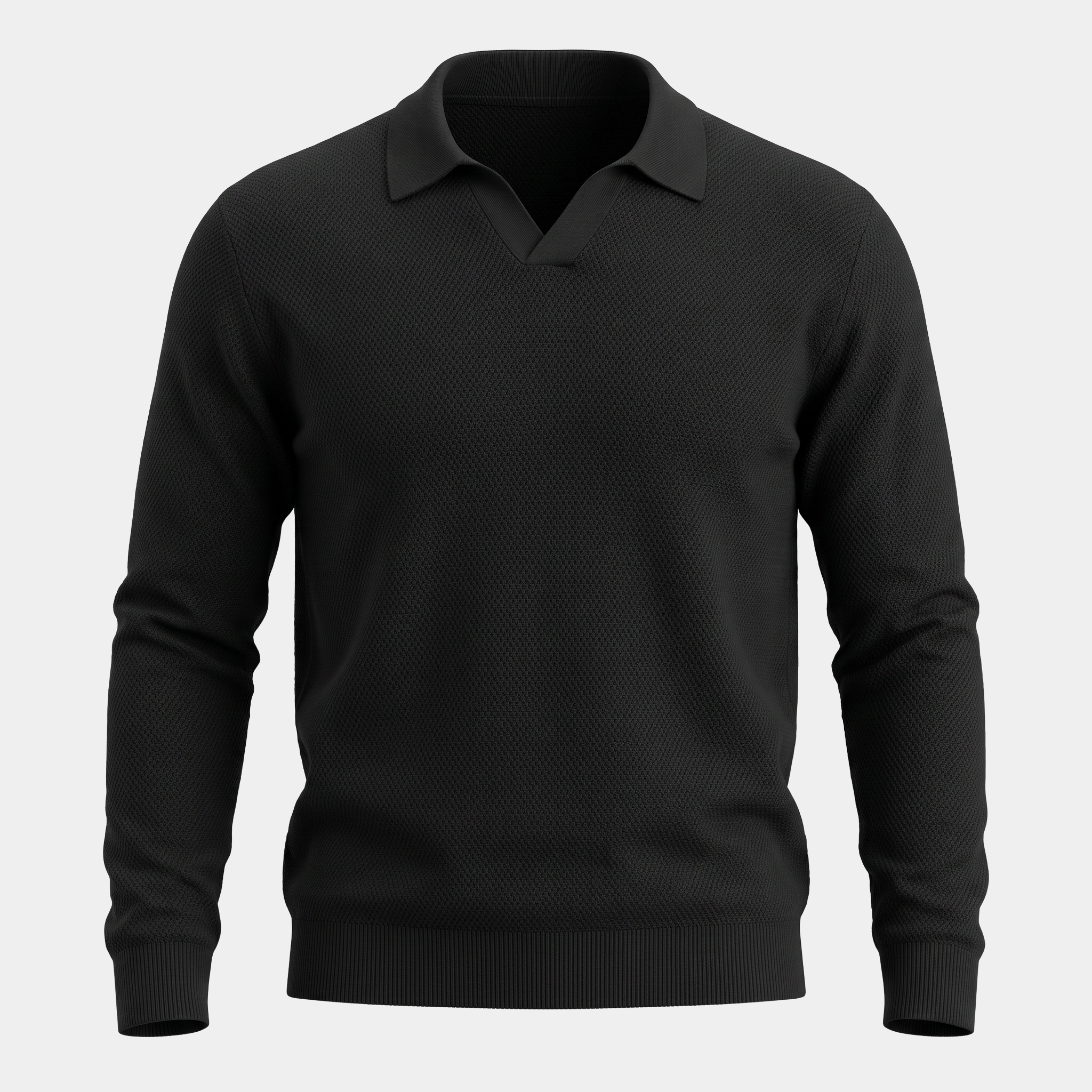 Textured Knit Black Polo Sweater