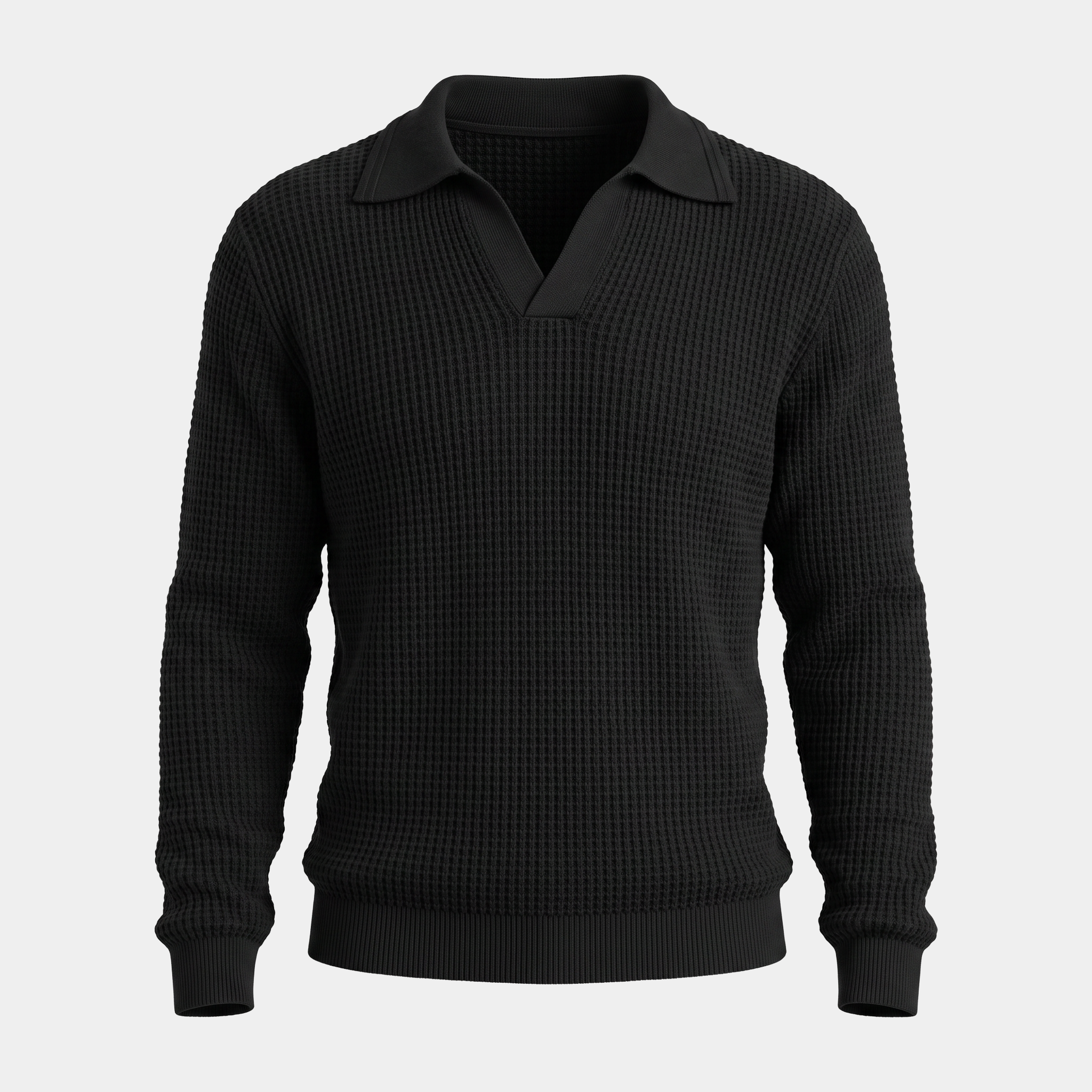 Waffle Knit Black Polo Sweater