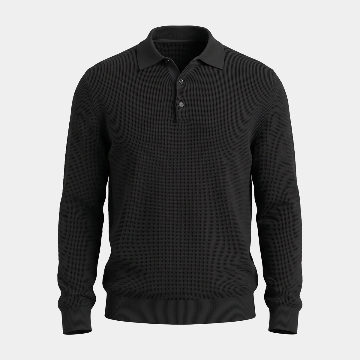 Waffle Knit Black Button Polo Sweater