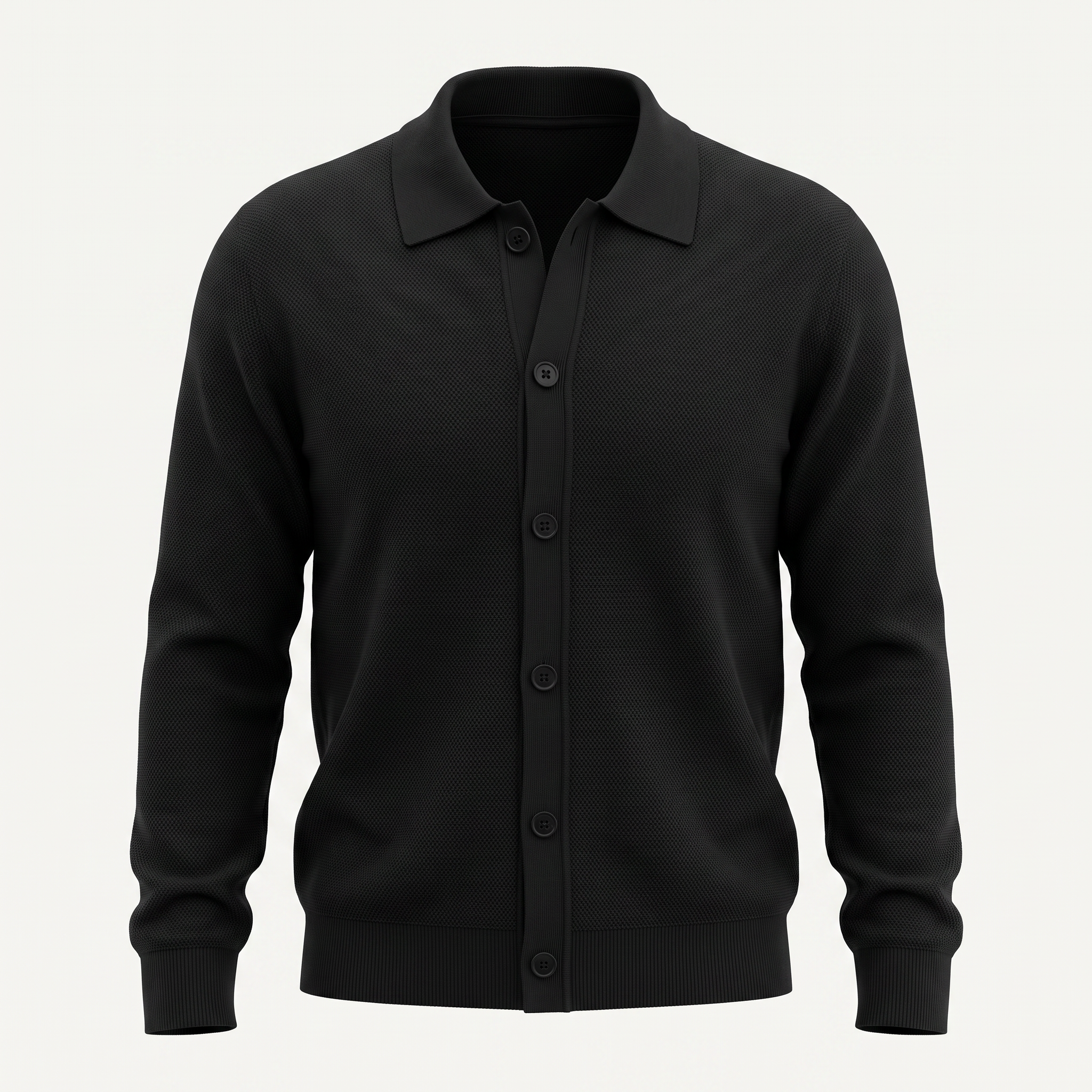 Textured Knit Black Collared Cardigan