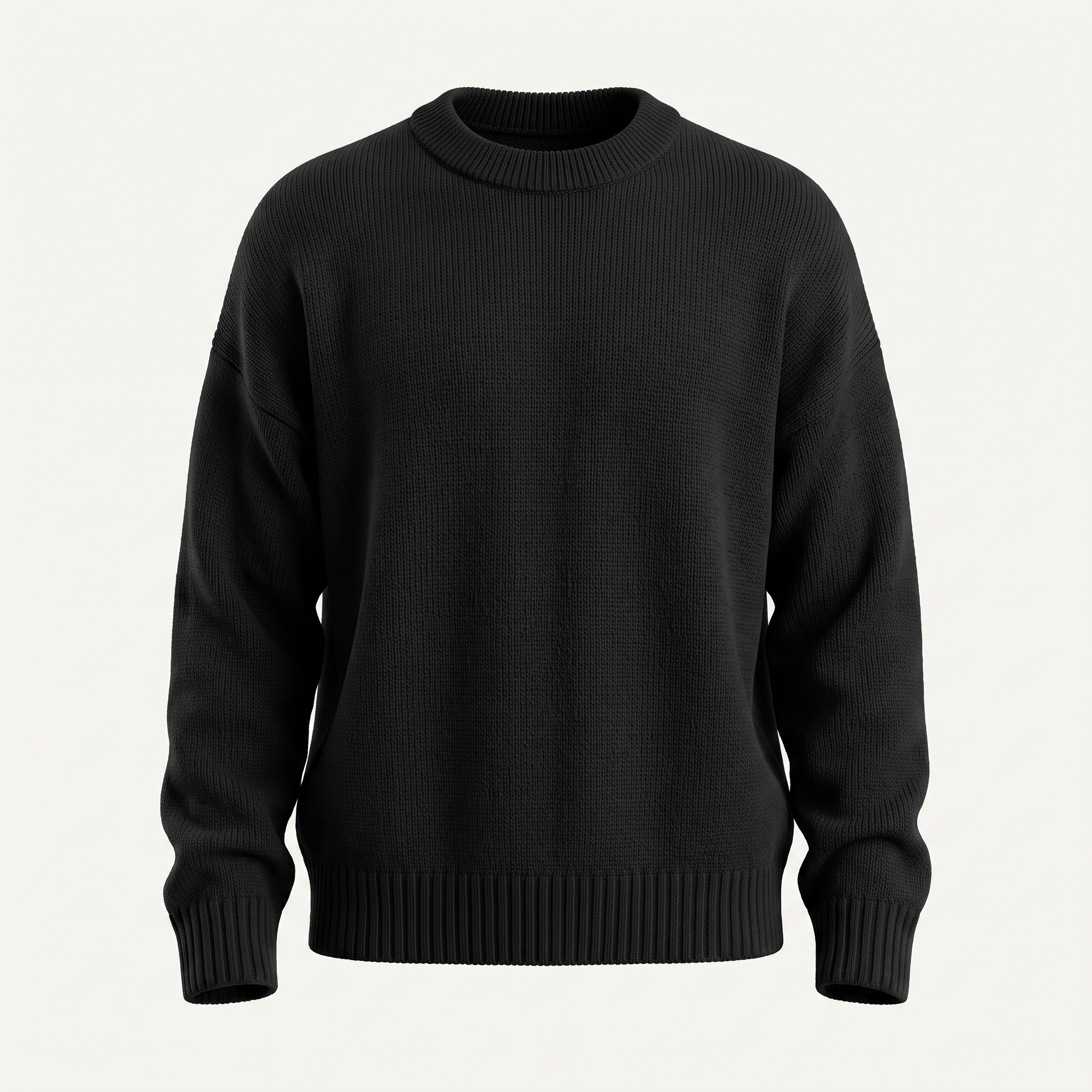 Ribbed Knit Black Crewneck Sweater