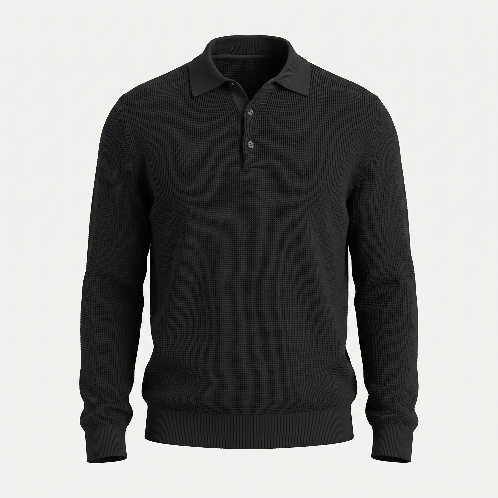 Waffle Knit Black Button Polo Sweater
